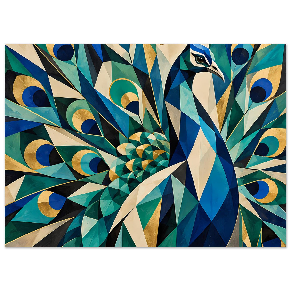 Querformat-Poster mit geometrischem Pfau-Motiv in Blau und Gold