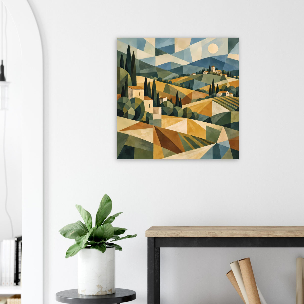 Quadratisches Poster mit geometrischem Hügelmeer in warmen Erdtönen, Zypressen und Häusern