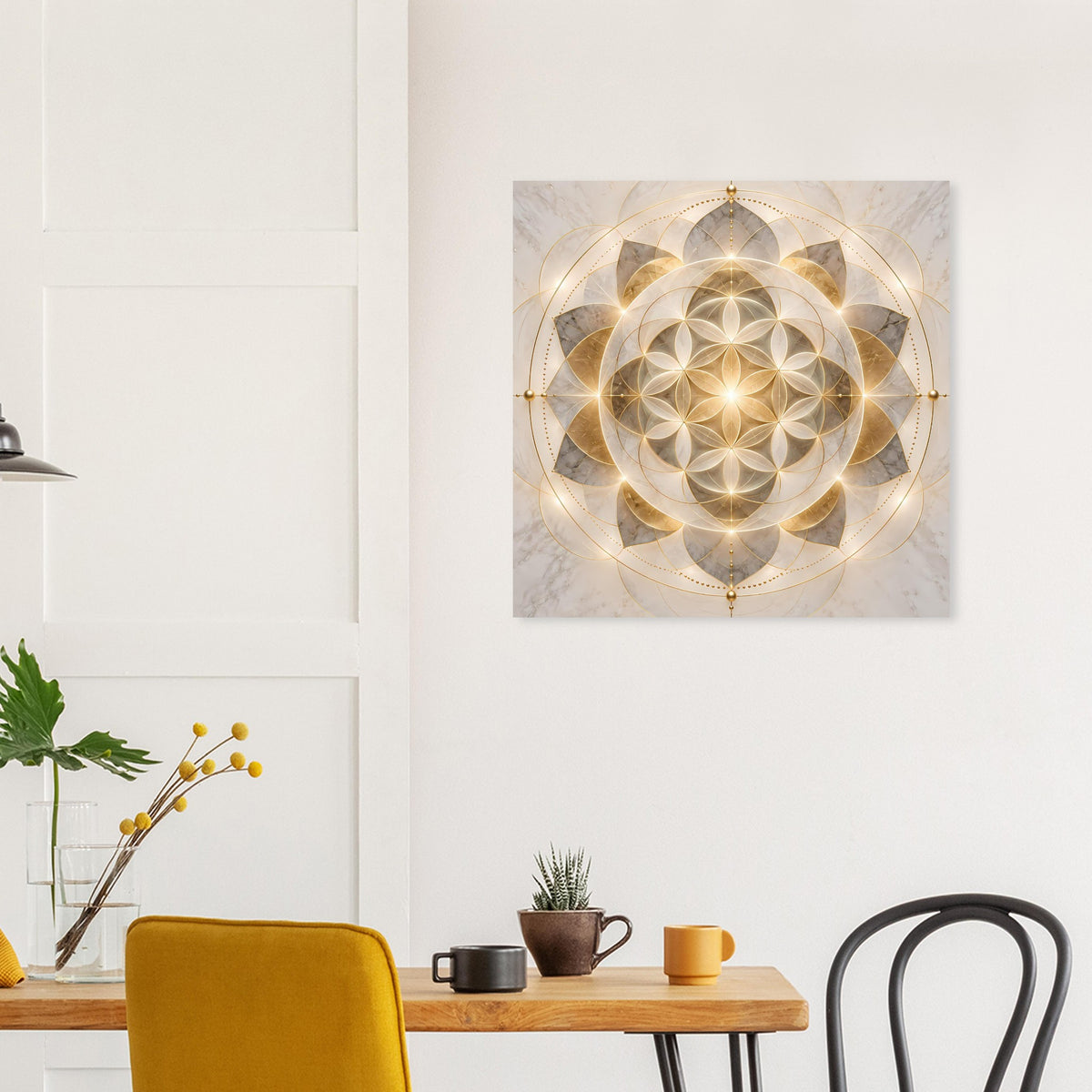 An der Wand montiertes quadratisches Poster mit goldener Mandala-Blume und Ornamenten