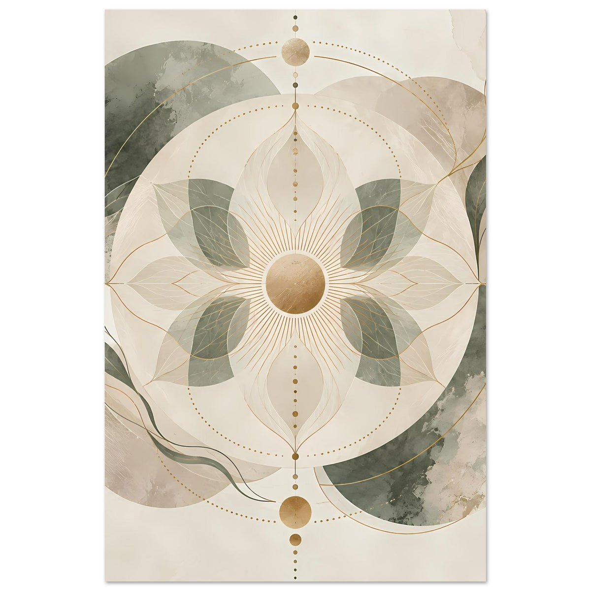 Zen-Poster im Hochformat mit Mandala-Kreis, beigen Flächen, Grün und goldenen Punkten