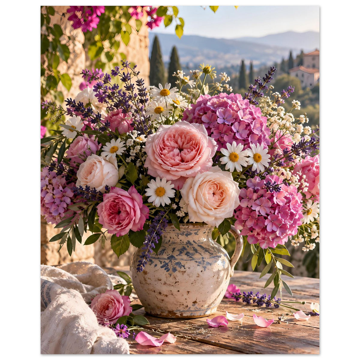 Blumenposter mit Vase voller Blüten: rosa Pfingstrose, weiße Blümchen und Lavendelblüten