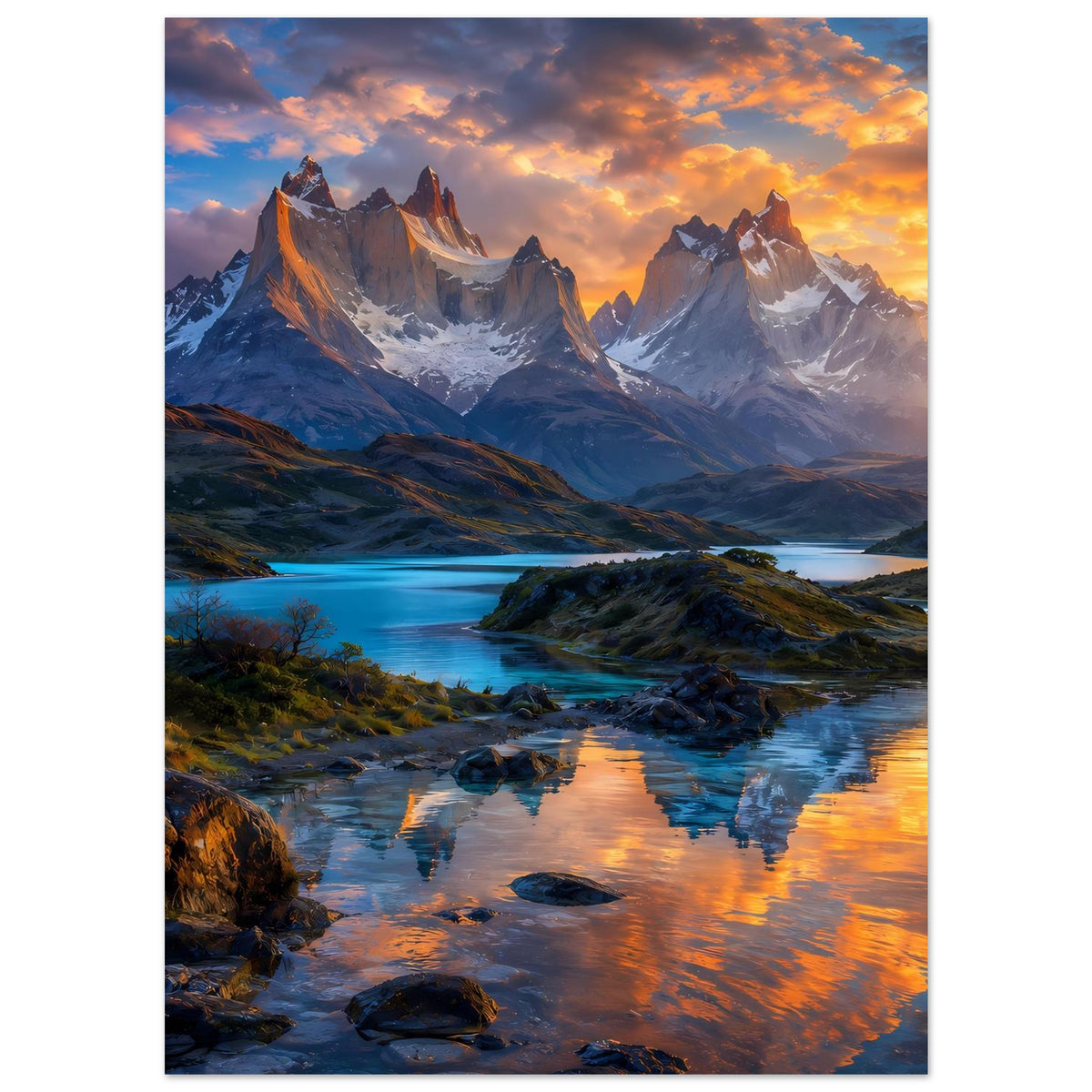 Poster mit Berglandschaft im Sonnenuntergang, Weg am Ufer und Spiegelungen, vertikal