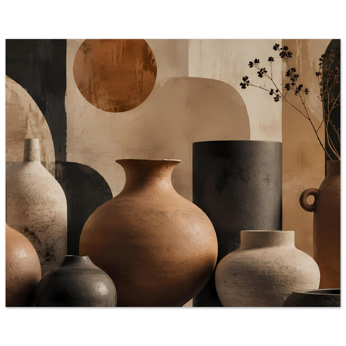 Breiter Posterdruck: große Terrakotta-Vase, daneben beiger Krug und dunkle Standvase.