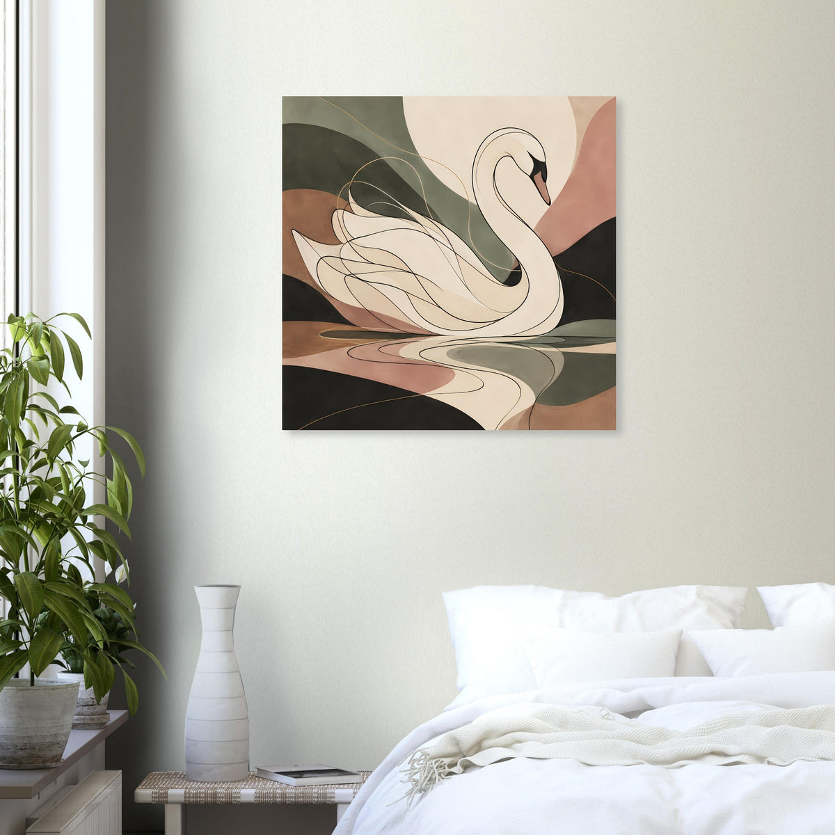 Schwanenposter mit schwarzem Rahmen, weißes Schwanenmuster auf abstraktem Hintergrund in Naturfarben.