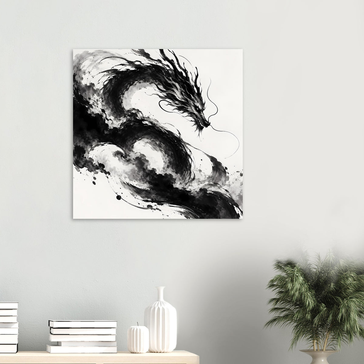 Poster mit schwarz-weißer Drachenillustration, kleiner Wanddruck-Ausschnitt mit Kopf