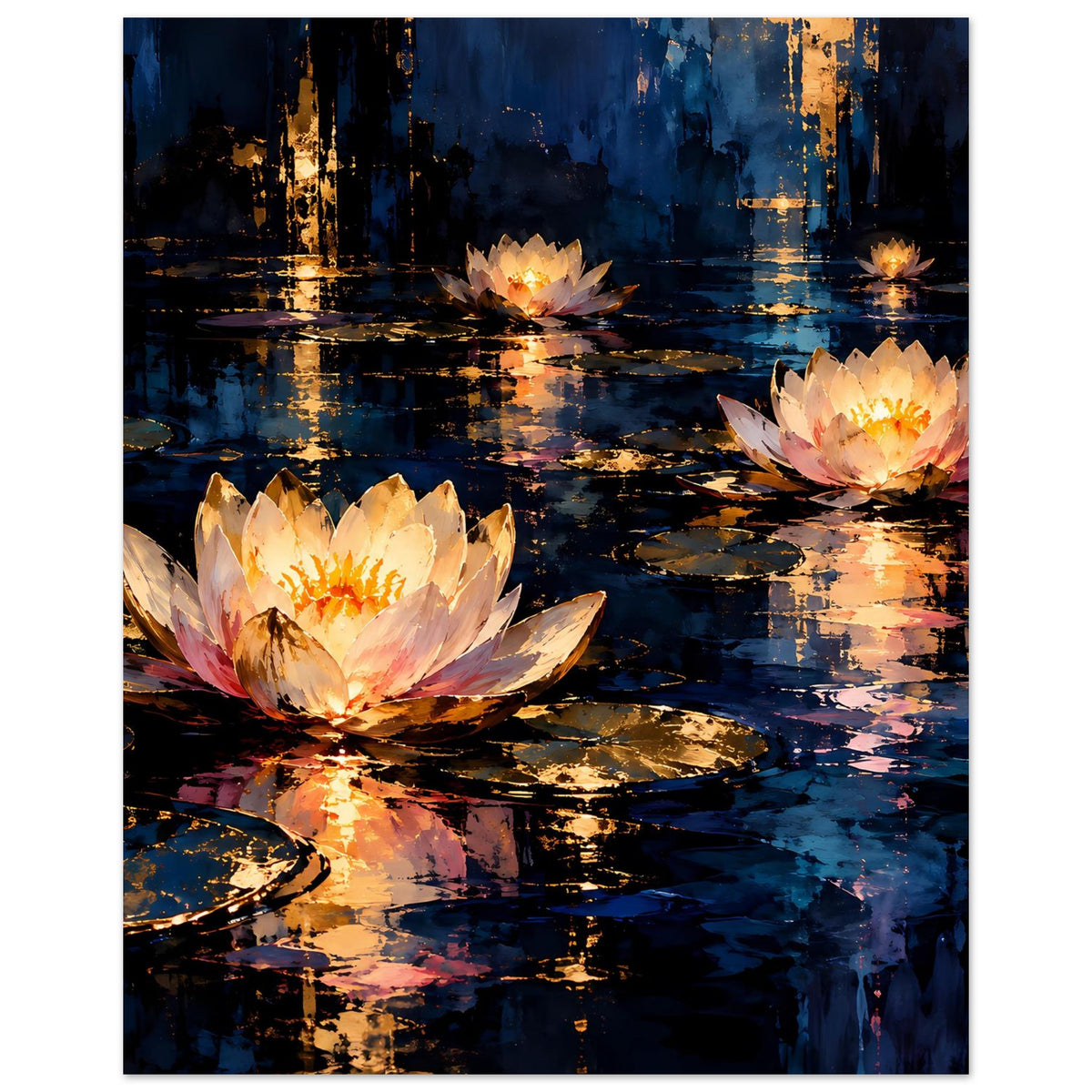 Blumenposter: drei leuchtende Seerosen auf dunklem Wasser mit goldenen Lichtreflexen