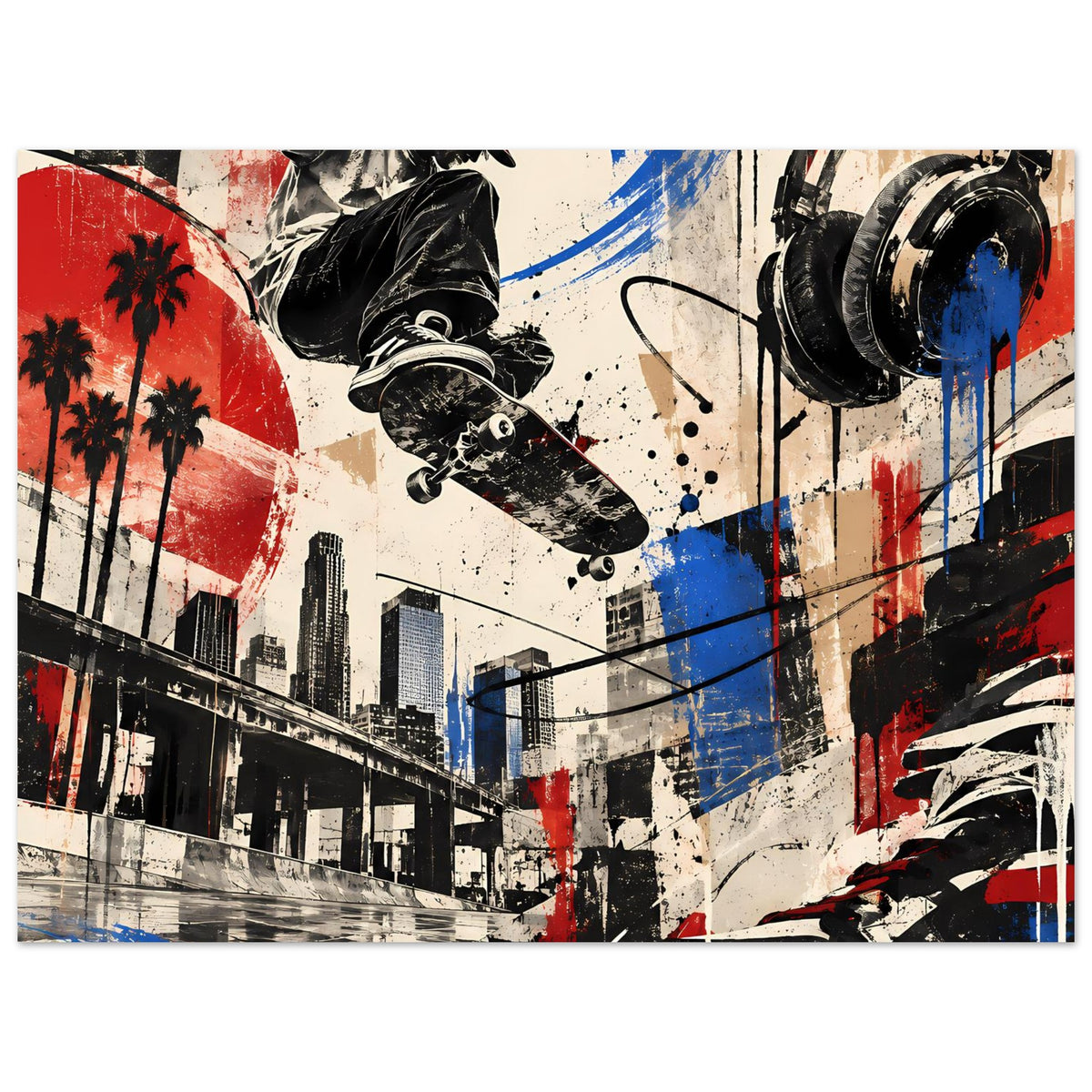 Breites Poster mit Skateboarder-Grafik, City-Ansicht und Graffiti-Spritzern in Rot, Blau, Schwarz