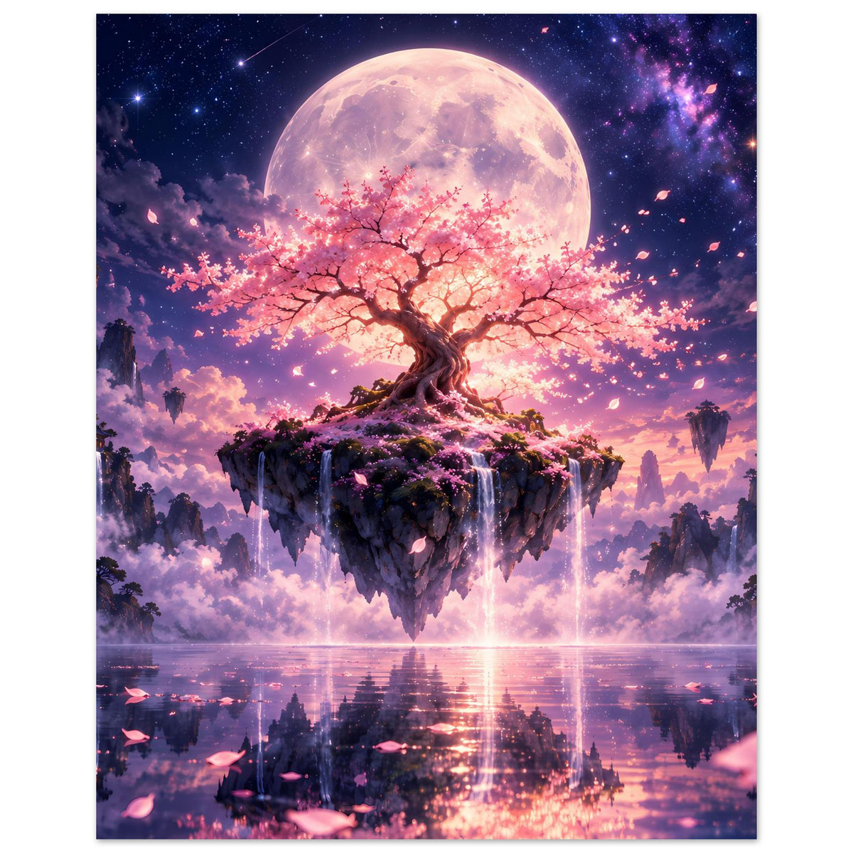Poster mit blühendem Kirschbaum auf Inselplattform, Vollmond, Sterne und rosa Blätter im Vordergrund