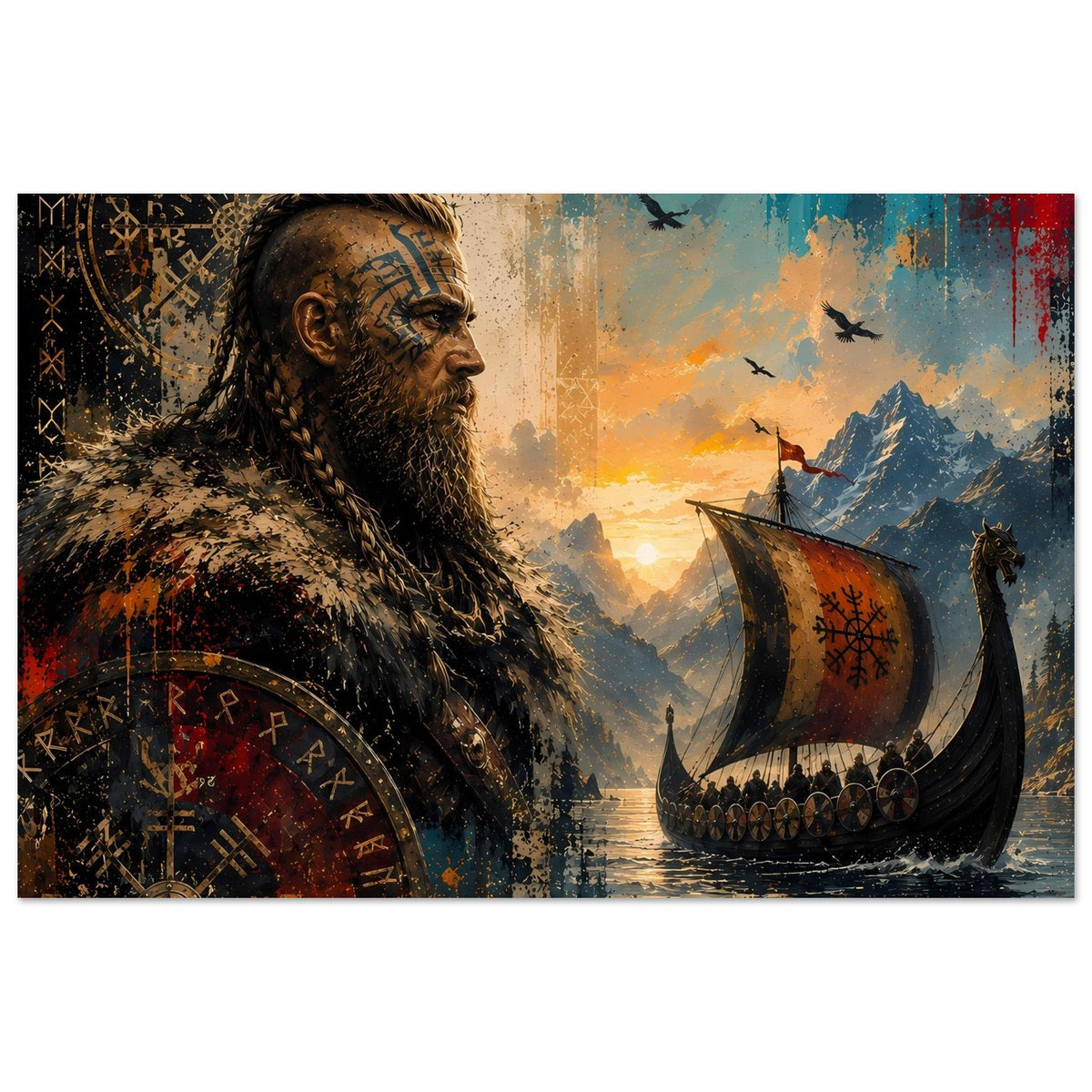Horizontales Saga-Poster: Wikingermann links, Langschiff rechts, Runen auf Kleidung und Bug
