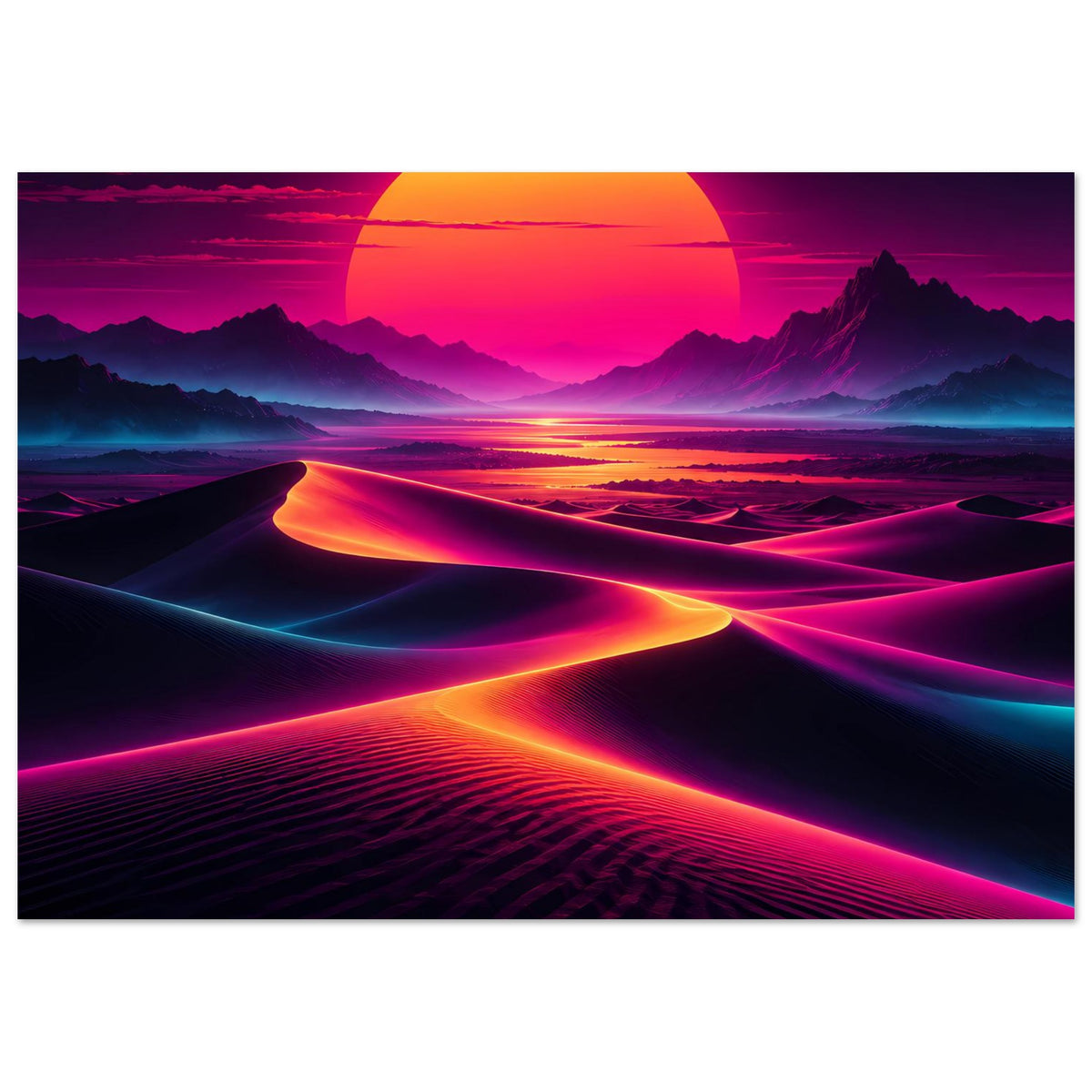 Neon-Sonnenuntergangs-Poster (Ausschnitt): orangefarbener Sonnenbogen, Dünen mit Neonlicht