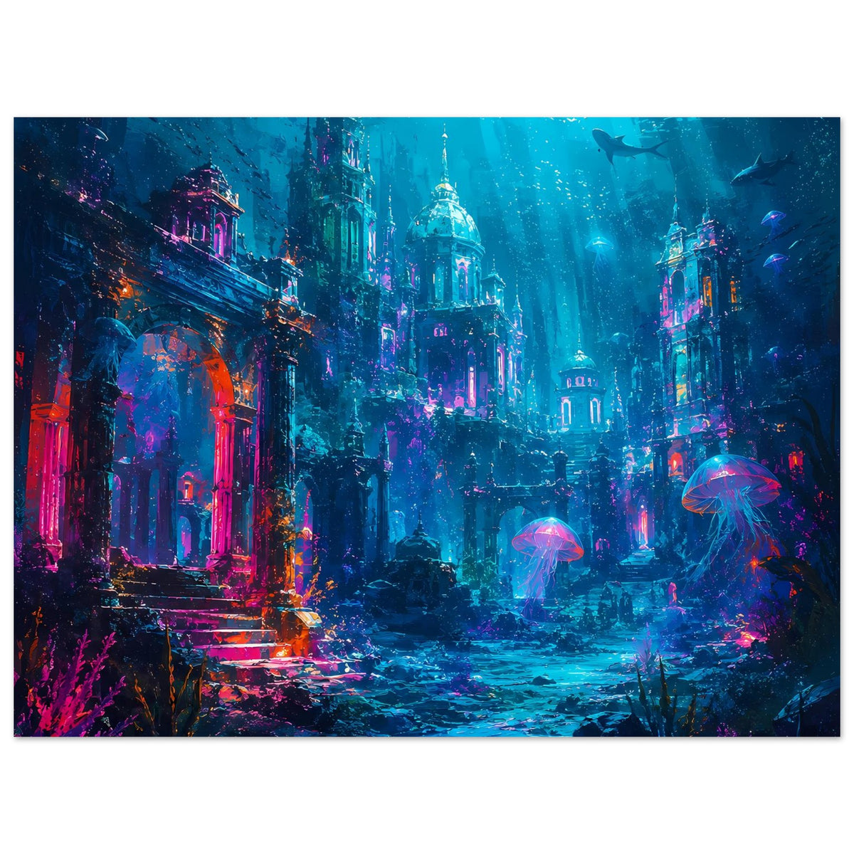 Breites Unterwasser-Fantasy-Poster mit Ruinen, Türbogen und leuchtenden Quallen