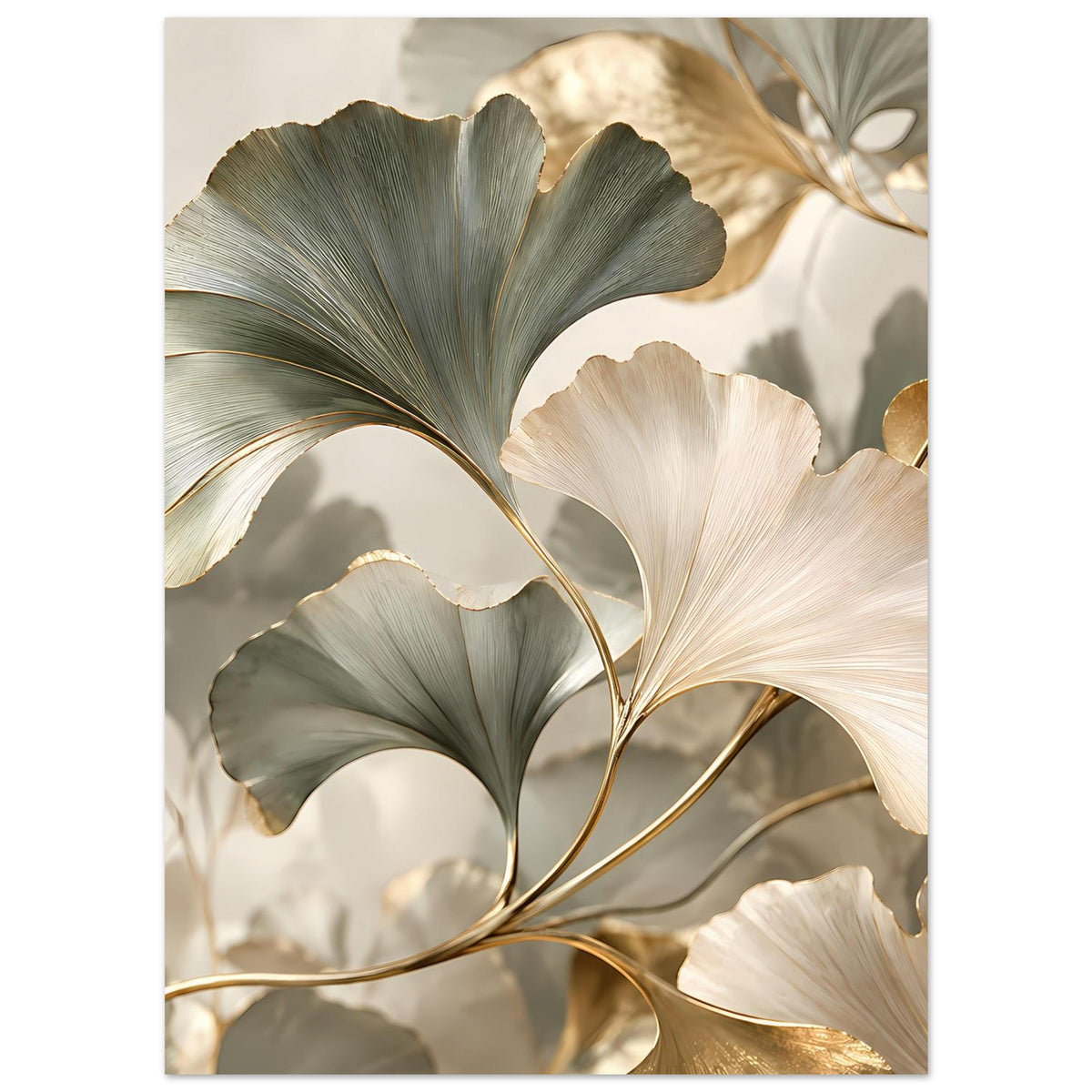 Hochkant-Poster mit Ginkgo-Blättern in Grau-Grün und Creme, goldene Adern im Motiv