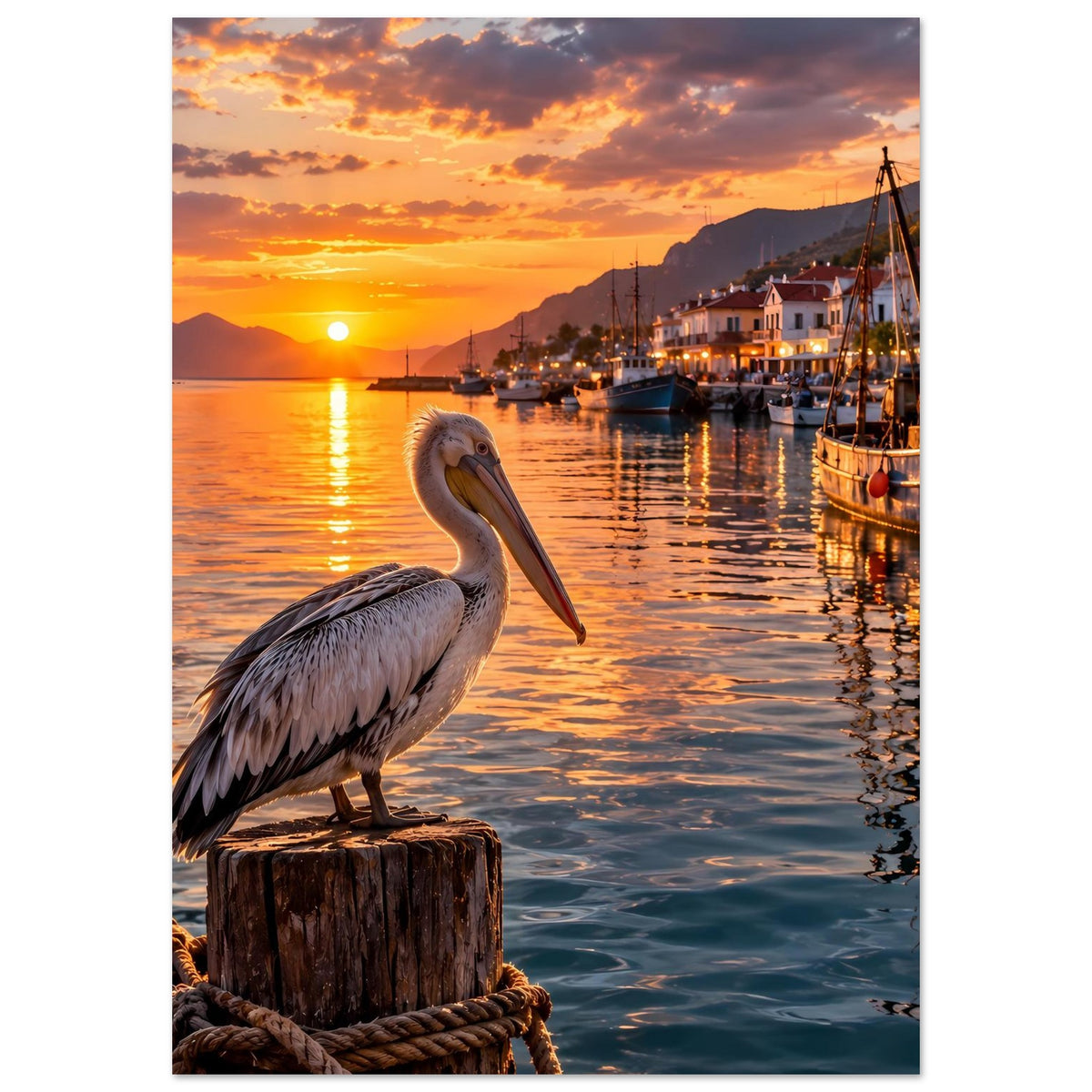 Premium-Poster mit Pelikan auf Holzpfahl und spiegelndem Wasser bei Sonnenuntergang