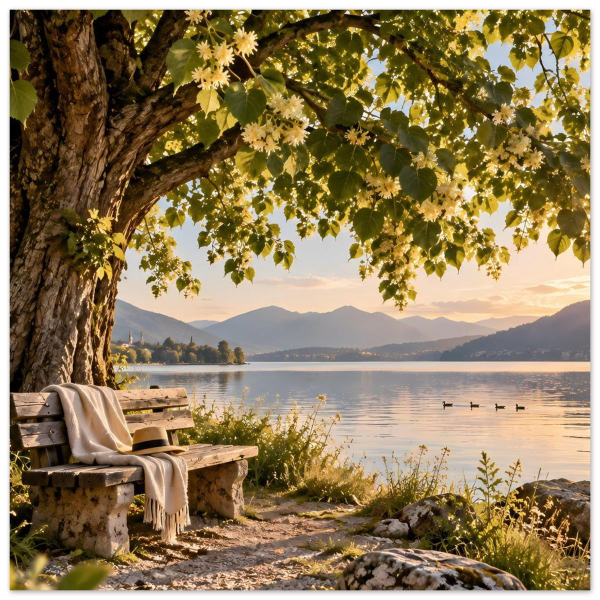 Poster mit Naturansicht am See: Baumkrone, gedeckte Bank, Schilf am Ufer