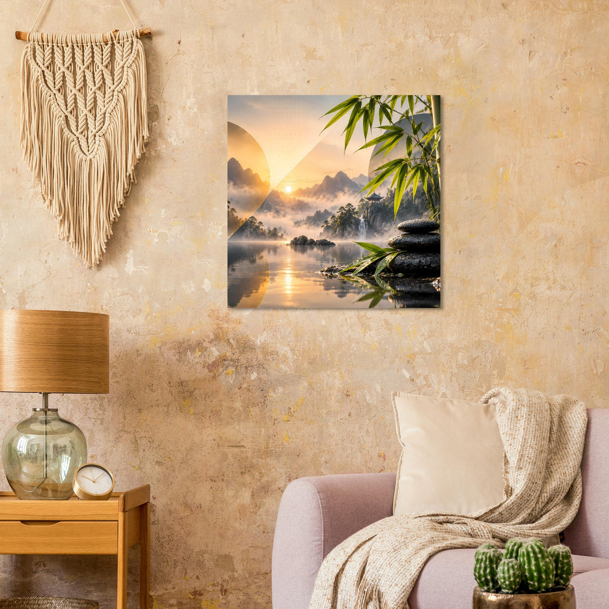 Zen-Bergsee-Poster mit Bambuszweigen und Steinstapel im Sonnenlicht über dem See