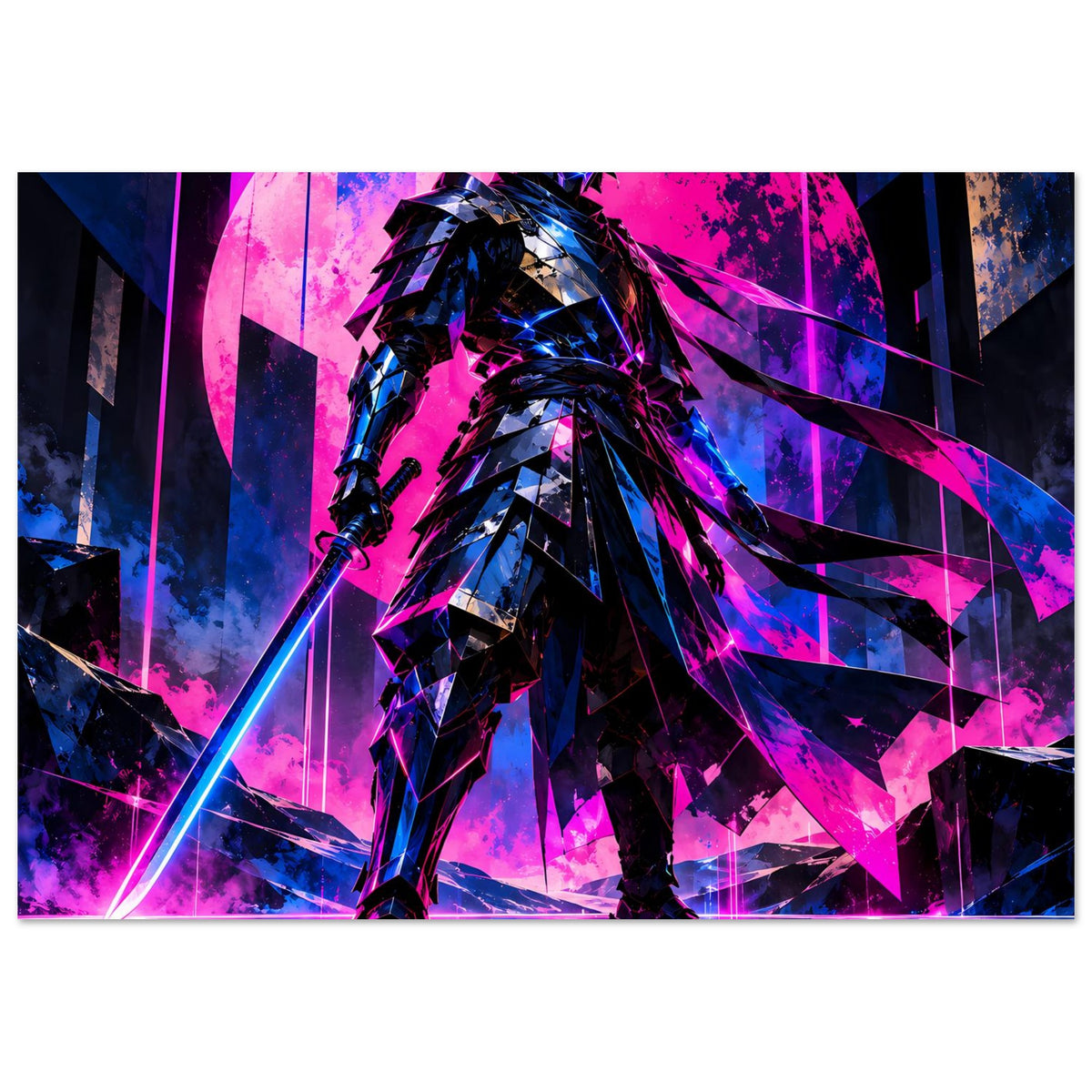 Poster im Querformat: Samurai-Krieger mit pink-blauem Neon, schräger Blick