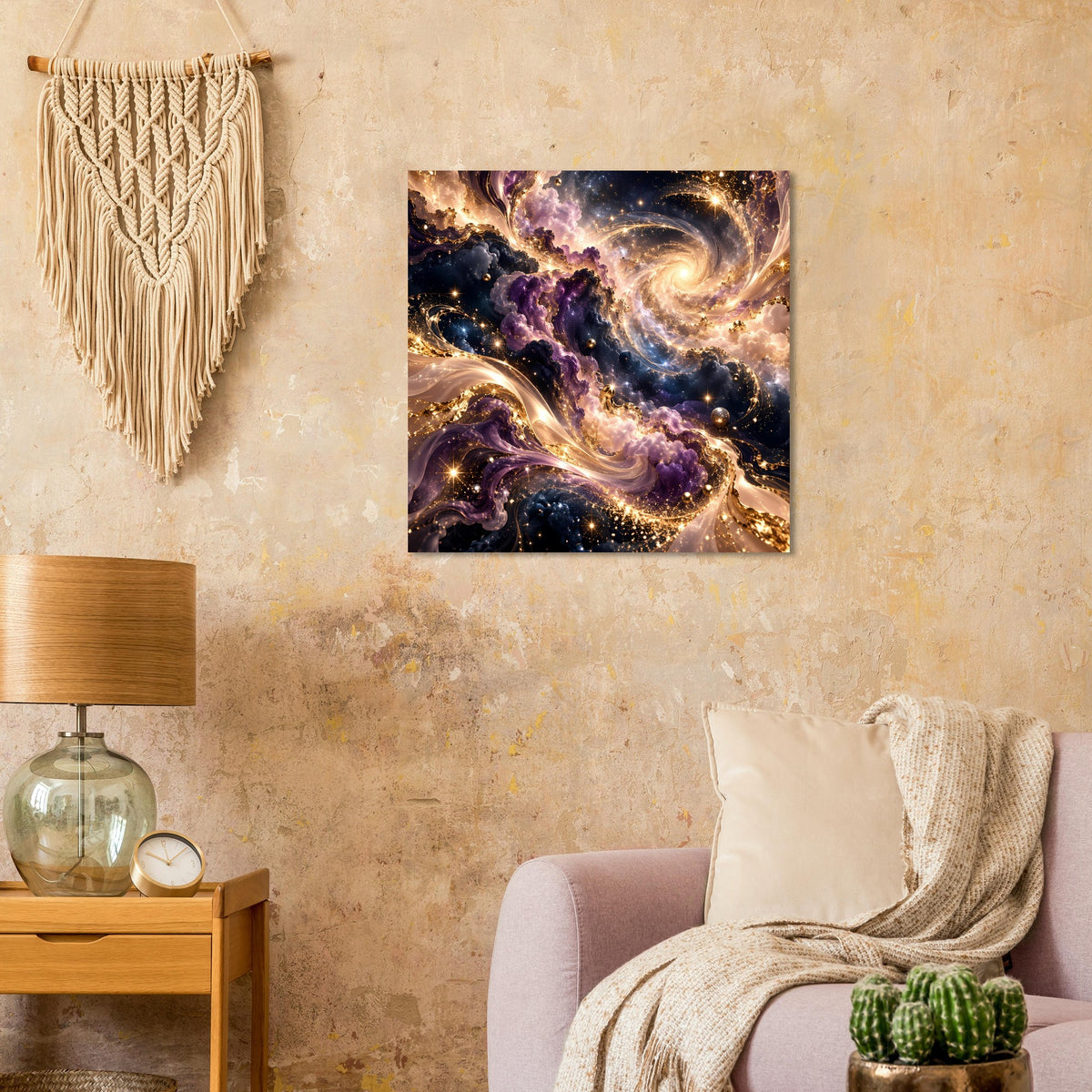 Quadratischer Kunstdruck mit violetten Nebeln und goldenen Lichtwirbeln