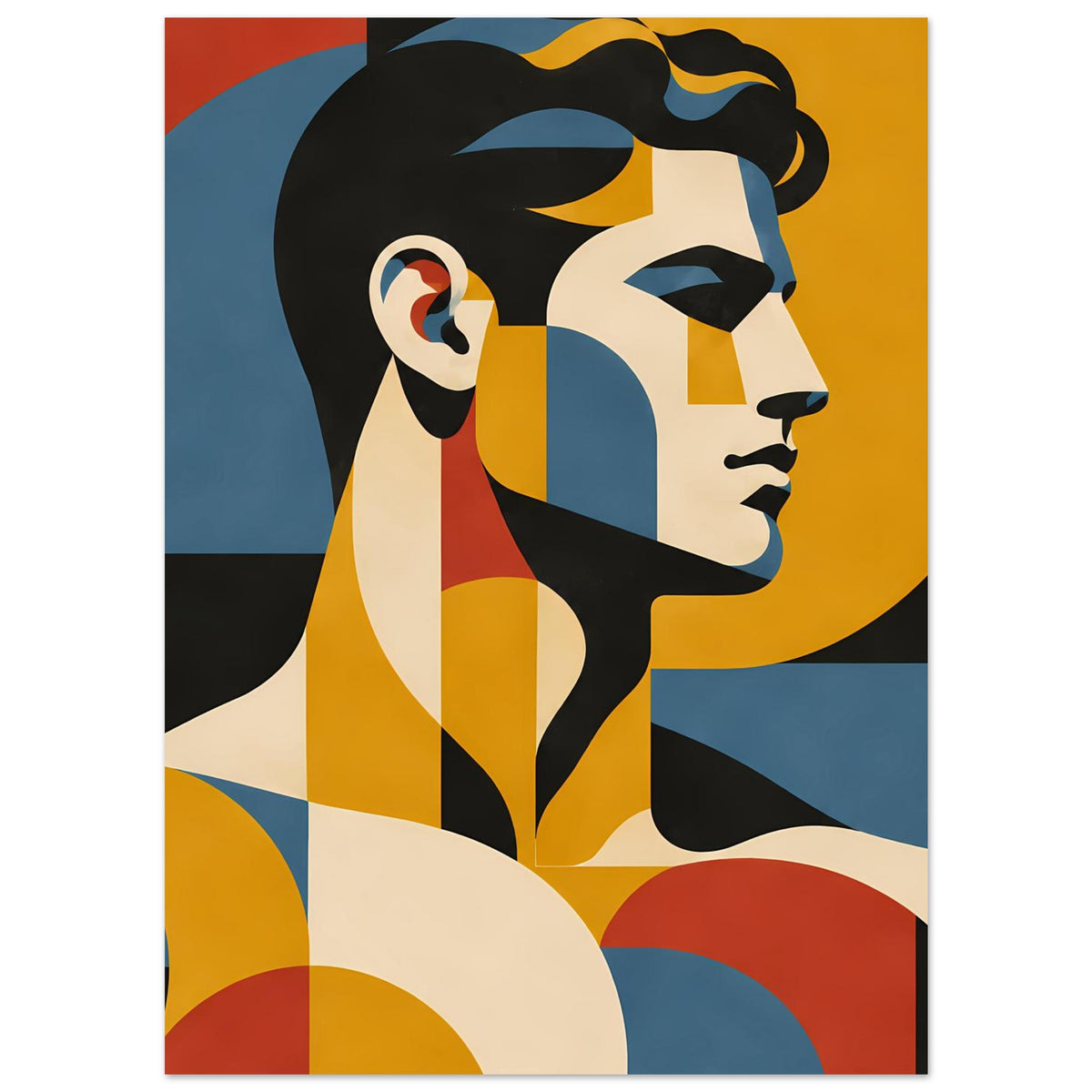 Geometrisches Portrait-Poster mit Frauenprofil, goldgelben Kreisen und blau-roten Blockfarben