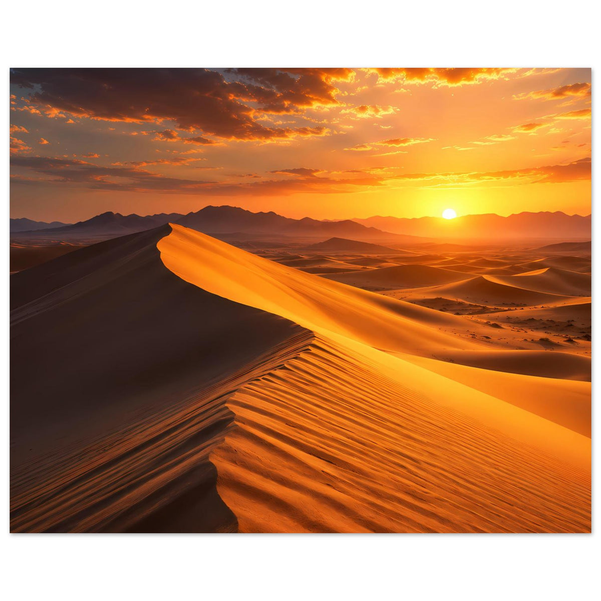 Poster mit Wüstenlandschaft: Sonne über den Dünen, orangefarbene Lichtspuren