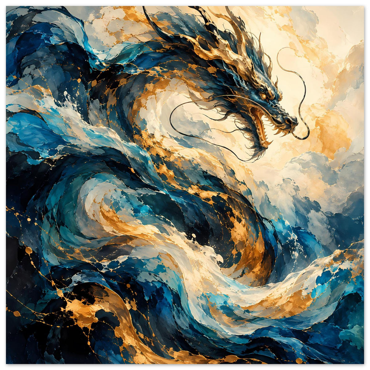 Fantasy-Poster: ganzer Drache im Flug, blaue Schuppen, goldene Verzierungen, dynamische Linien