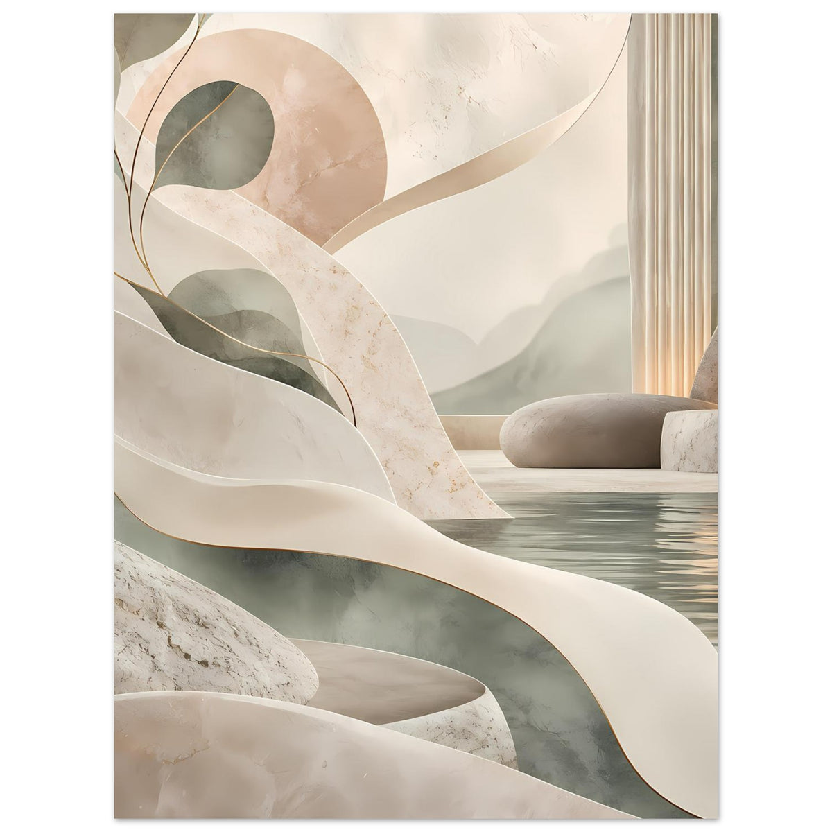 Abstraktes Poster mit fließenden Bögen und Marmortextur in Creme, Beige und Salbeigrün