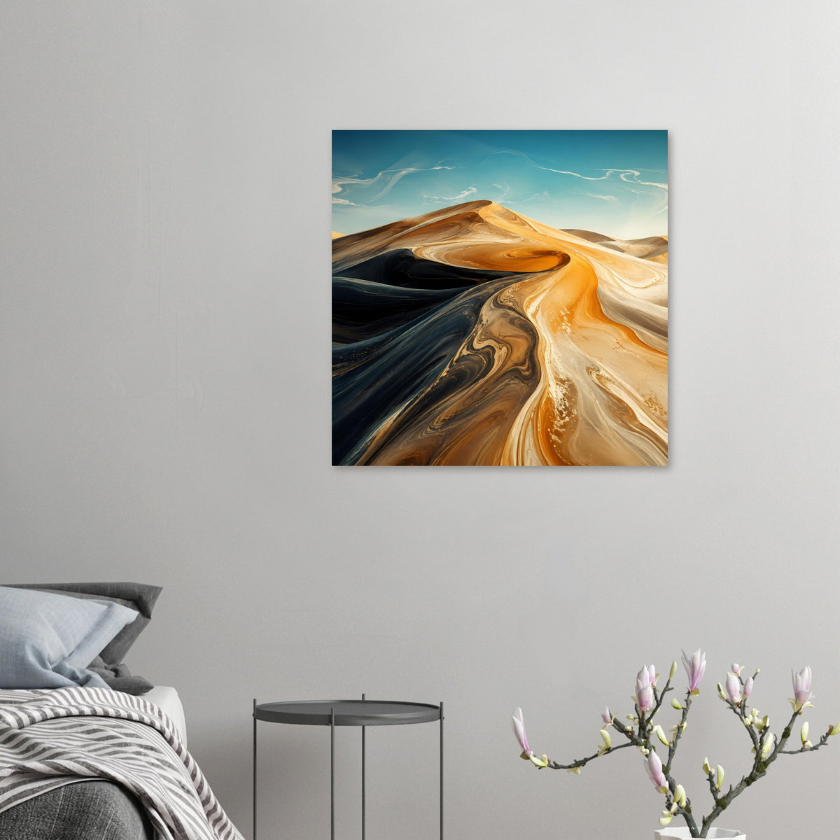 Kleines Poster mit abstrakten Wüstenwellen in Orange, Creme und Dunkelblau.