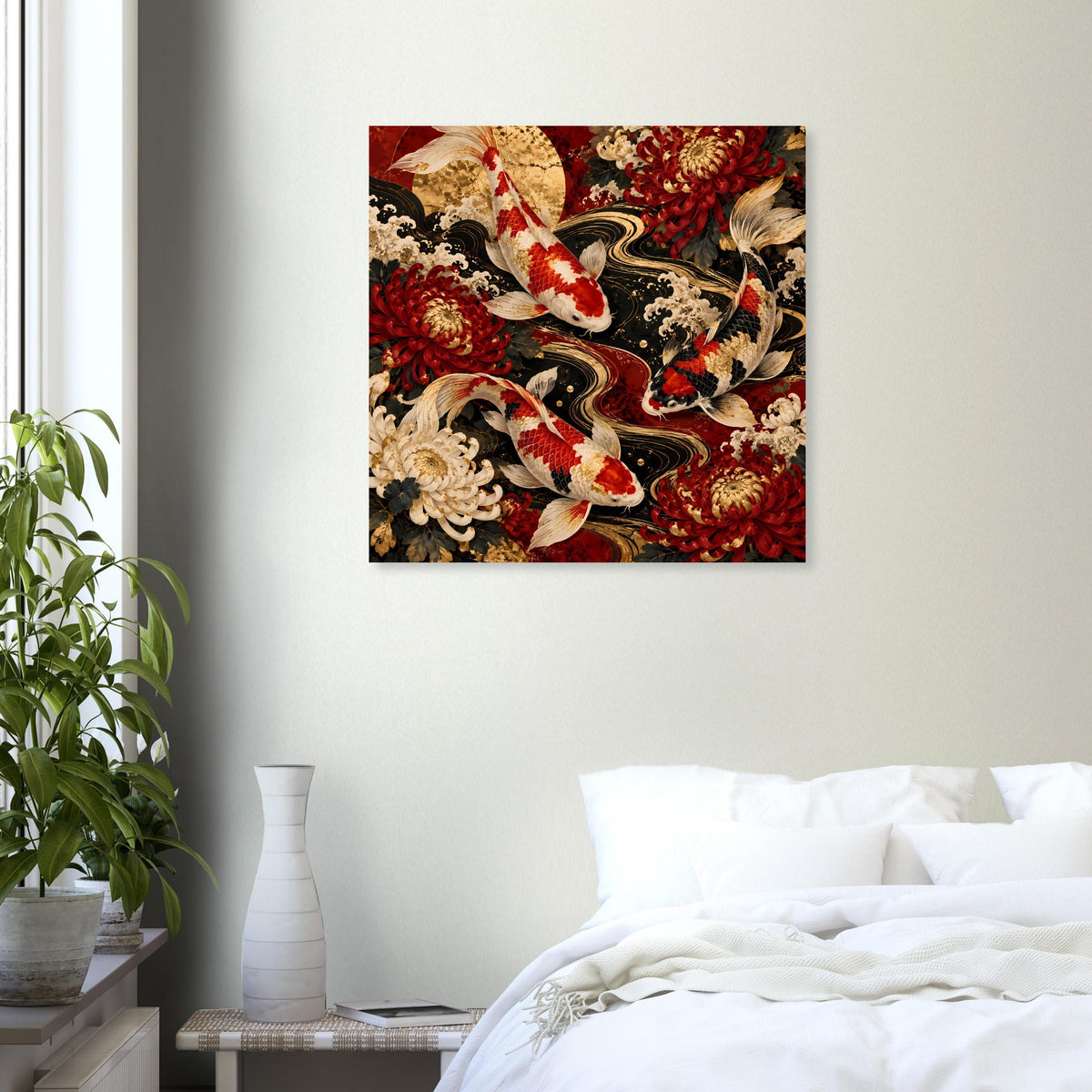 Quadratisches Poster mit Koi-Karpfen, roten Blüten und schwarzen Wellen