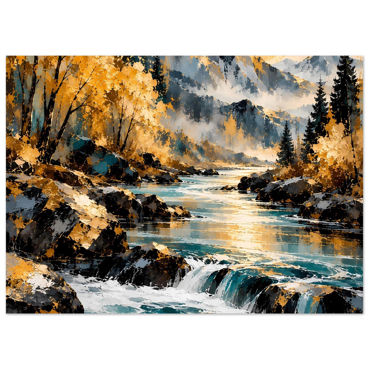 Querformatposter mit Herbstlandschaft: Fluss, Wasserfälle, goldene Baumkronen