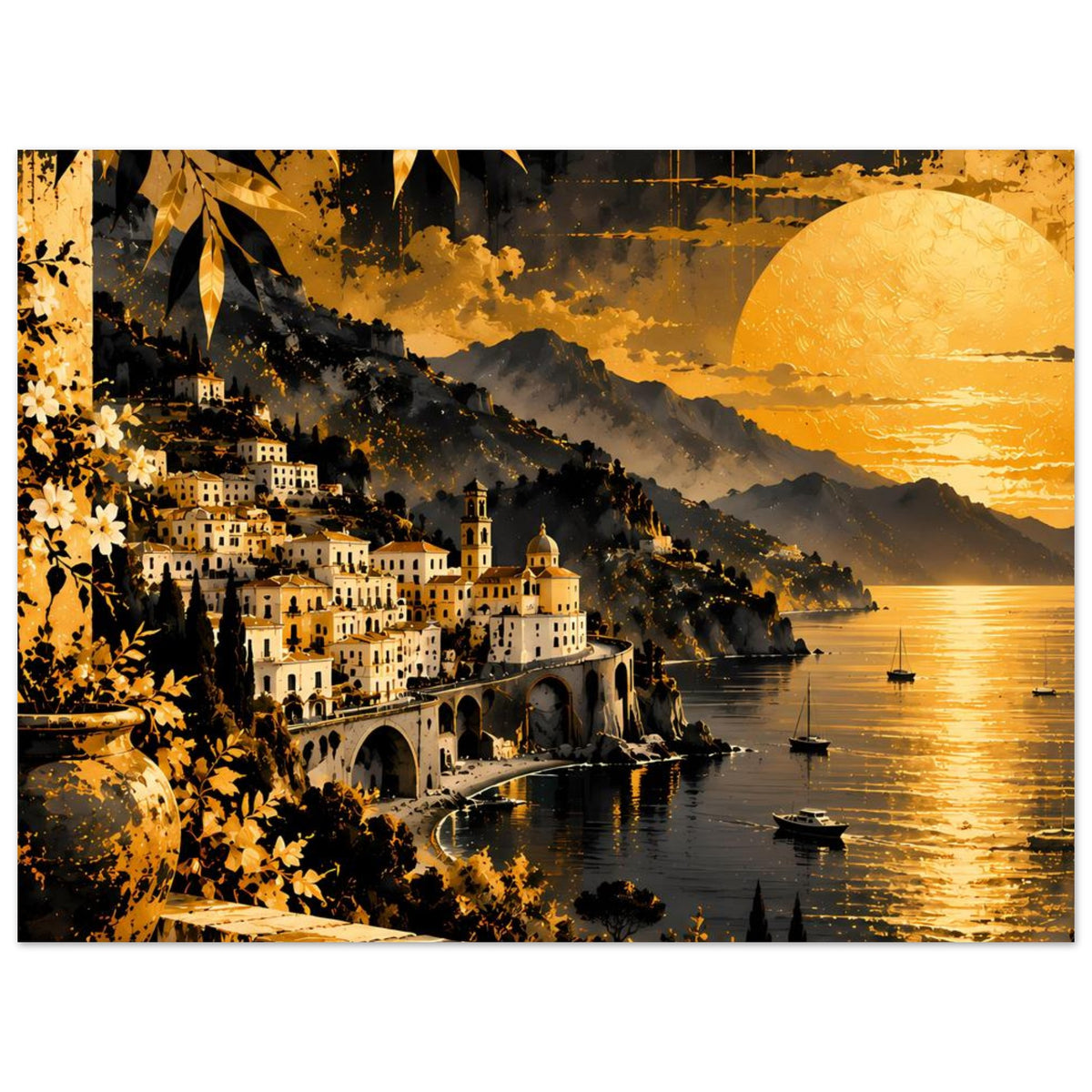 Horizontales Poster: Küstendorf an der Bucht, goldener Himmel, große Sonne und Uferdetails