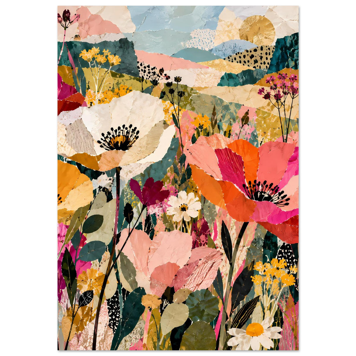 Blumen-Collage-Poster mit großen Blütenköpfen und farbigen Pflanzen im Hochformat