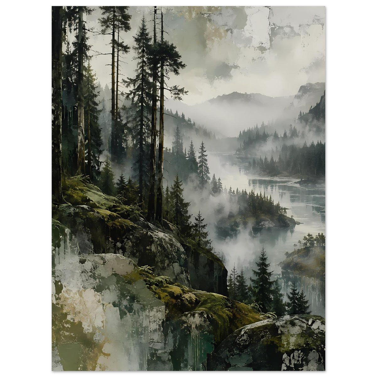 Landschaftsposter mit Waldhang, Nebel über Fluss und Bergsilhouette, mattes Papier