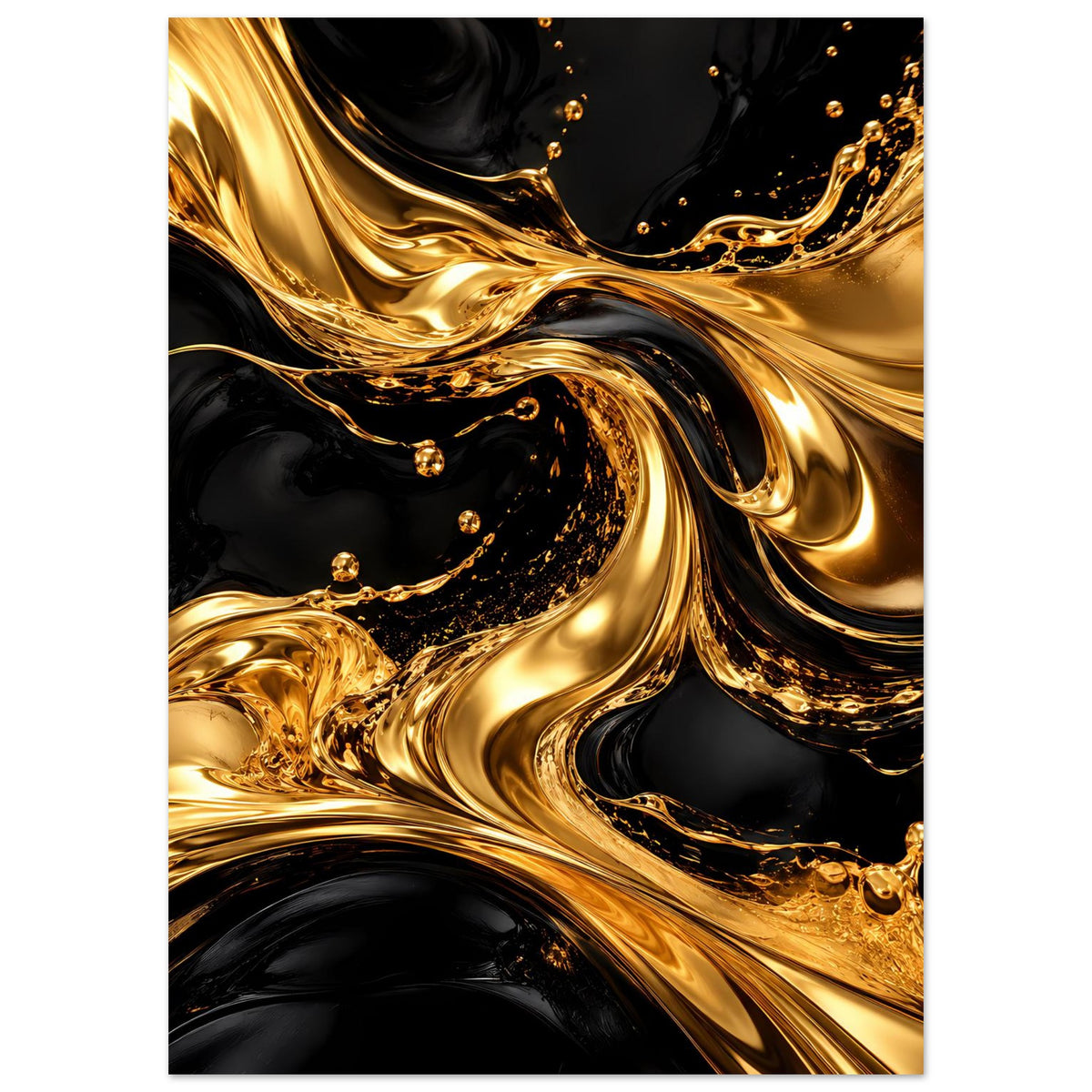 Abstraktes Poster mit goldenen Fließlinien und Tropfen-Details auf schwarzem Hintergrund