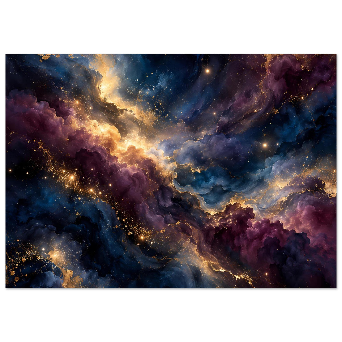 Kunstposter mit kosmischer Galaxie: violett-blauer Nebel und goldene Lichtspur, horizontal