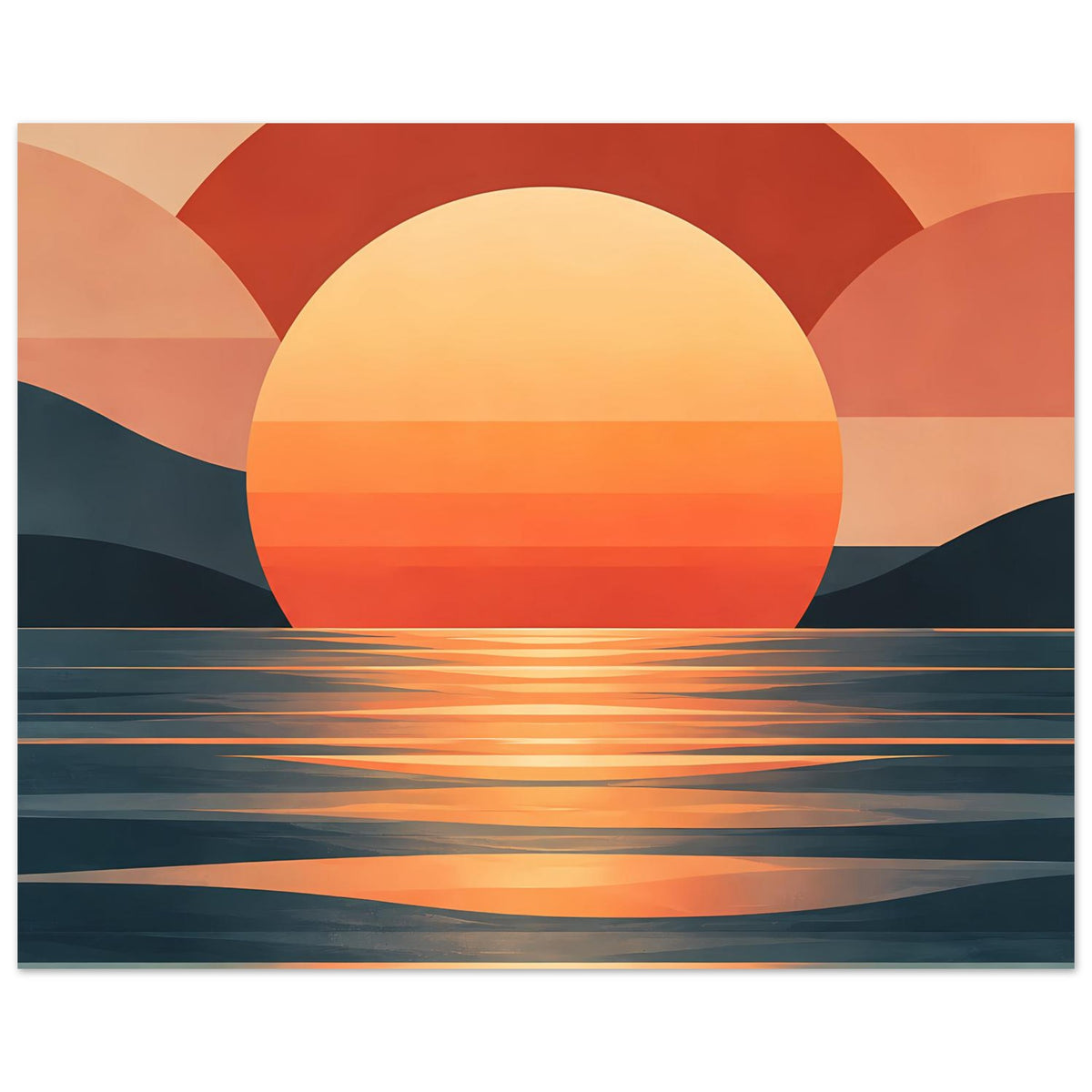 Horizontales Poster mit minimalistischer Sonne und Meereswellen, warmes Orange-Rot