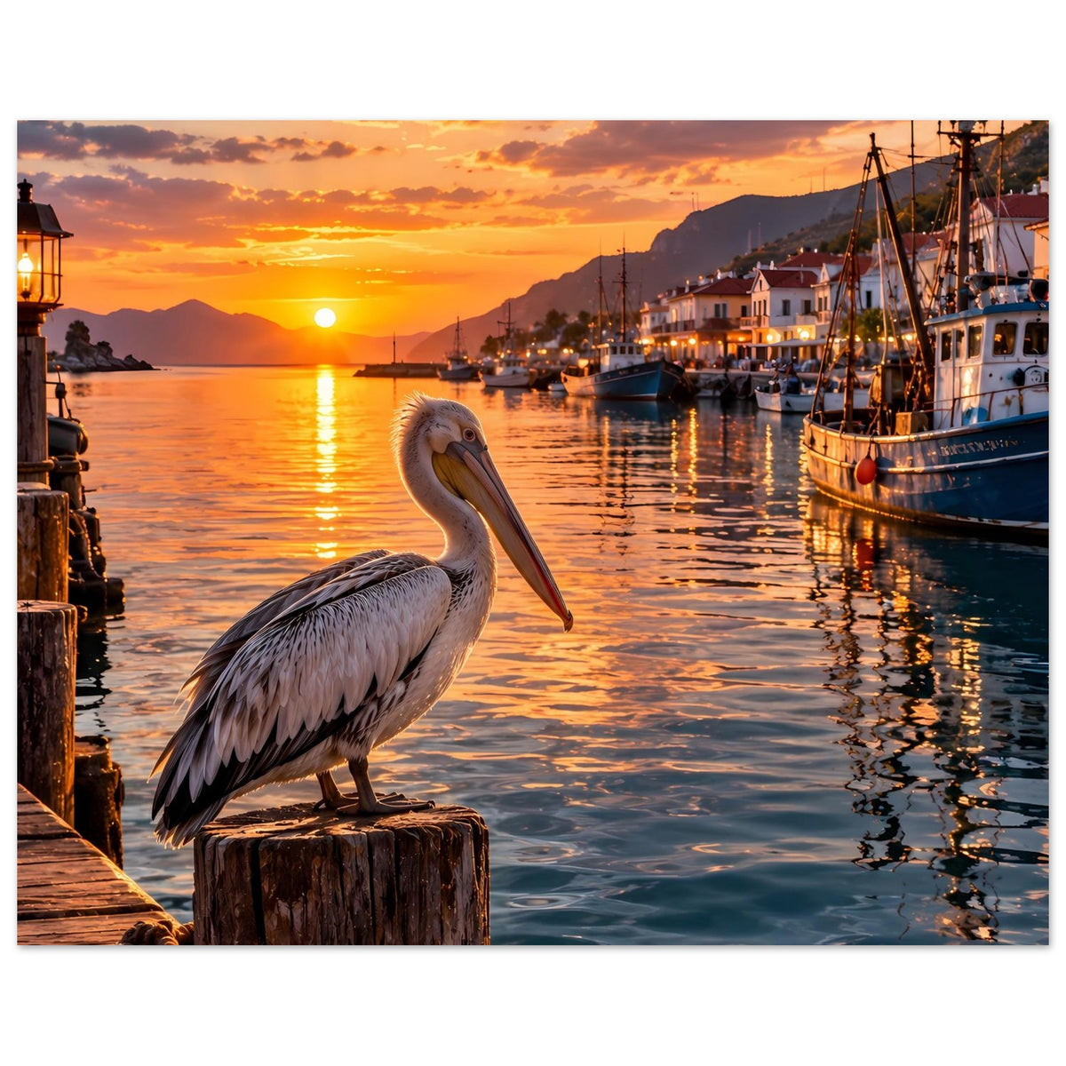 Premium Poster mit Pelikan auf Holzpfahl vor Booten und warmem Sonnenuntergang
