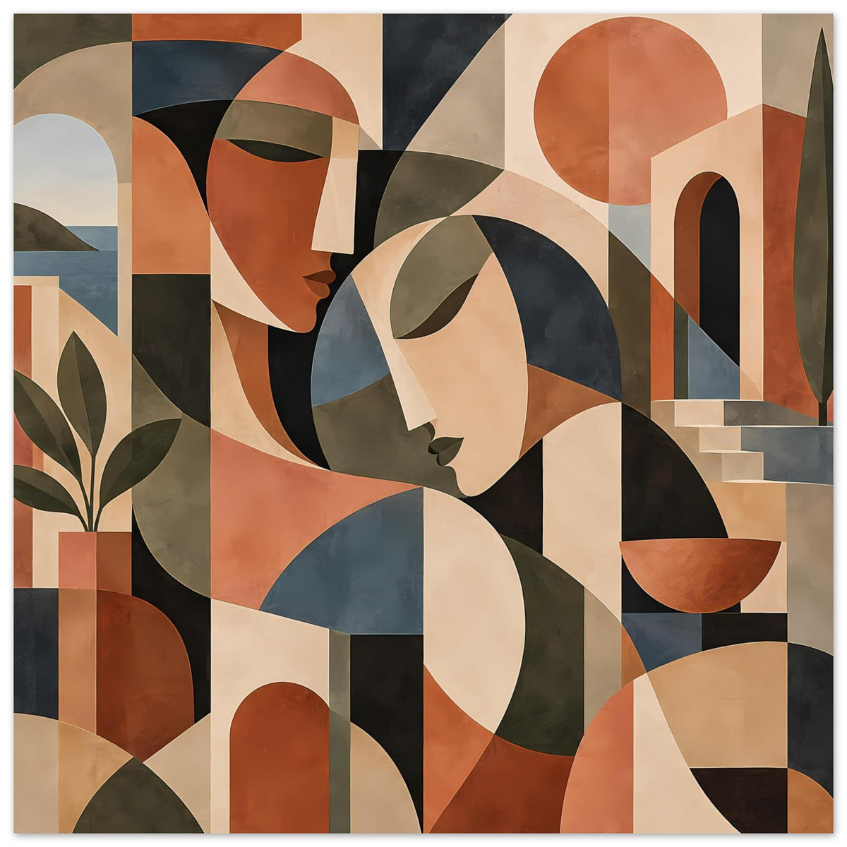 Kunstposter mit abstrakten Köpfen und geometrischen Säulenformen in warmen Terrakotta- und Blautönen
