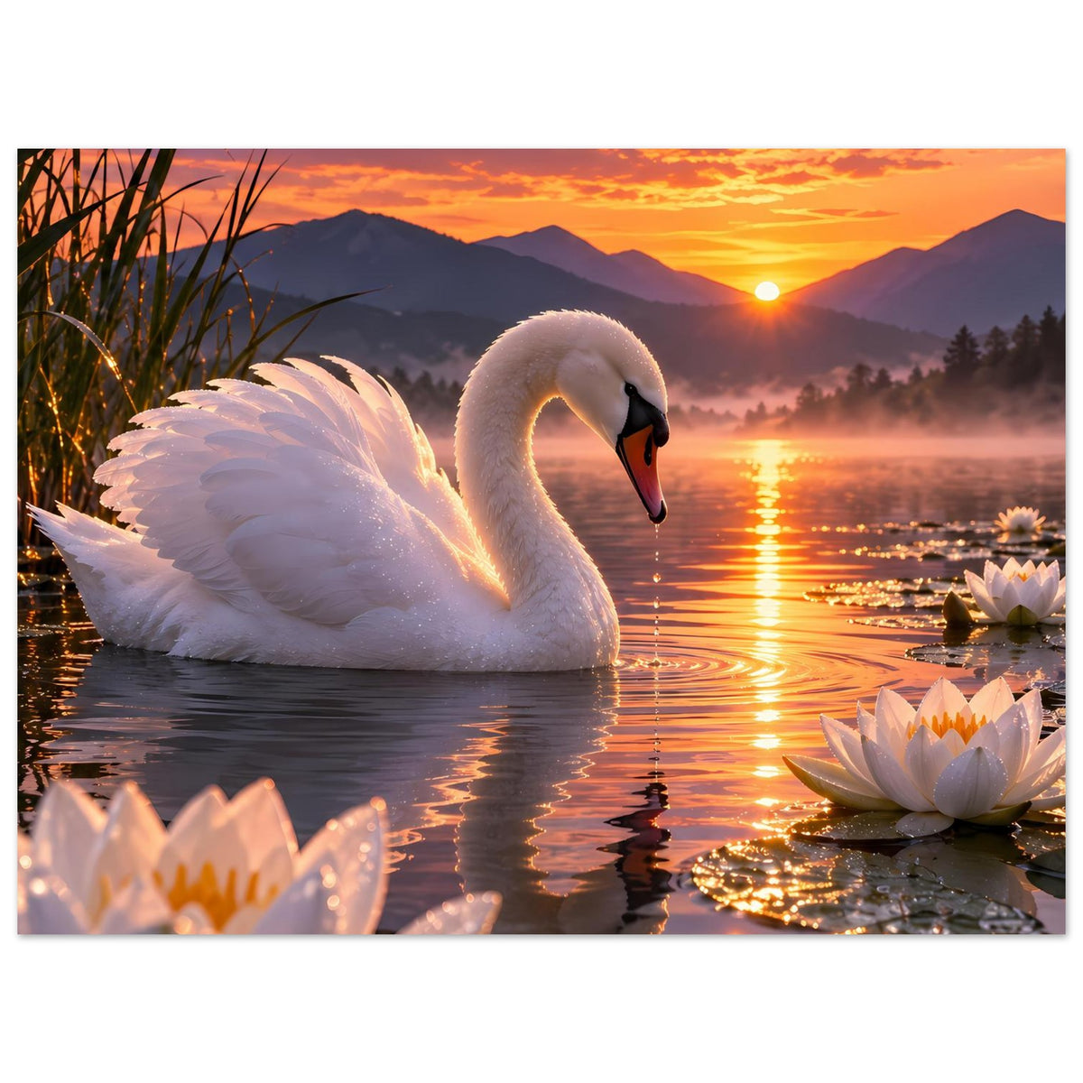 Poster im Querformat: weißer Schwan, Seerosen rechts, orangefarbener Himmel und Berge