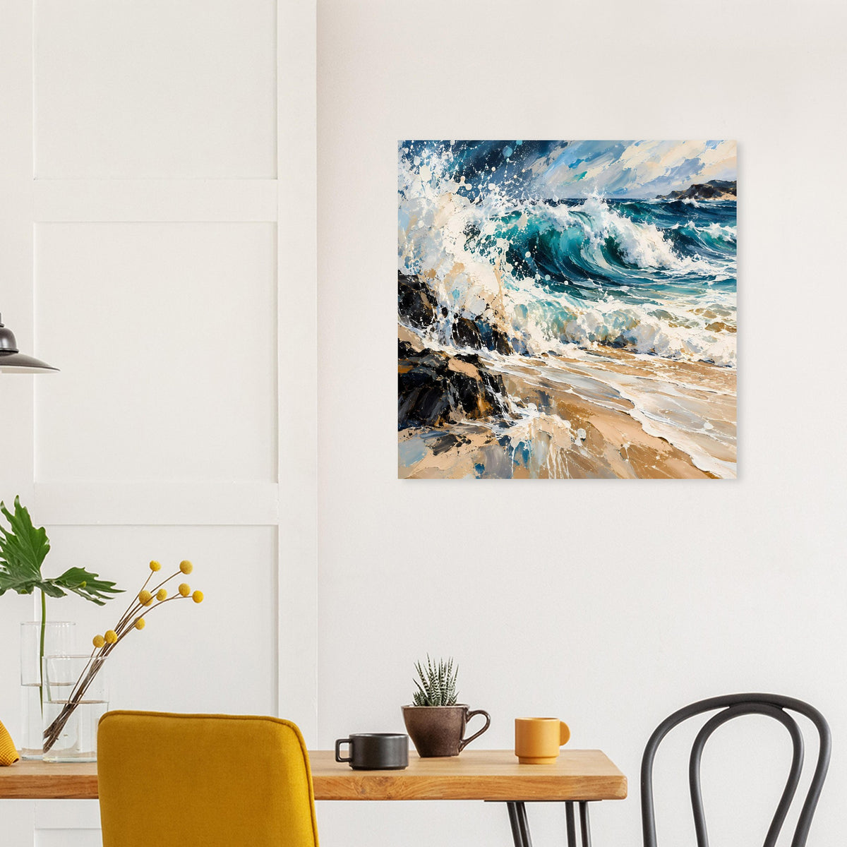 Meerwellen-Kunstposter mit blauen Wellen und beigem Küstenstreifen, quadratisch