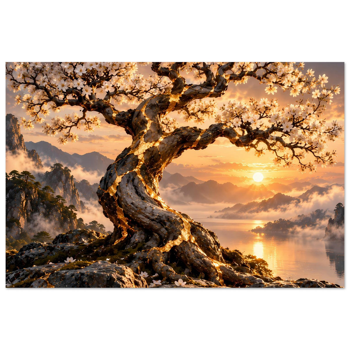 Horizontales Poster: blühender Baum, Sonne im Abendhimmel und Spiegelung auf dem See