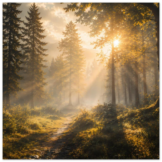 Poster mit Sonnenstrahlen im dichten Wald, goldene Lichtstimmung und Baumreihen