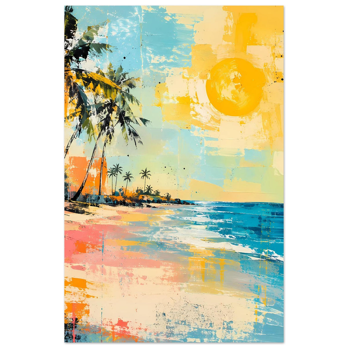 Vertikales Strandposter mit Palme, Meer und Sonne; Türkis, Orange, Gelb