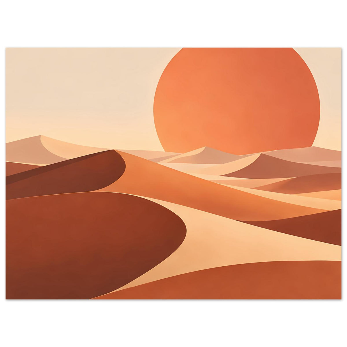 Abstraktes Wandposter im Querformat: orange Sonne über Dünen mit dunklen Kurven