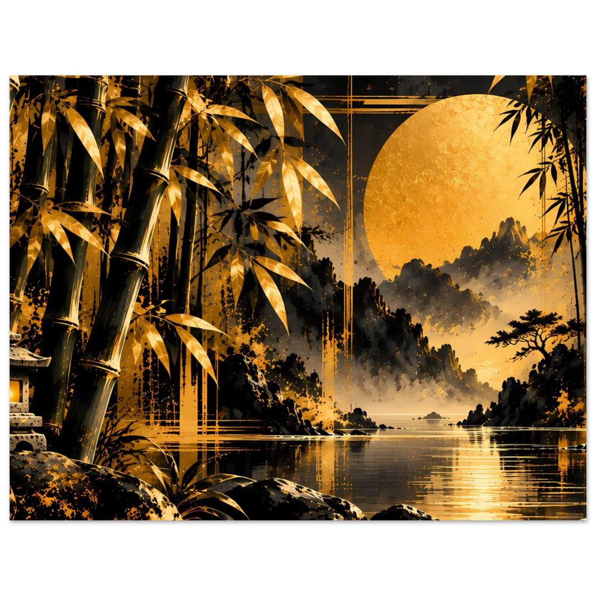 Horizontales Poster: Bambuslandschaft mit goldener Sonne, nebligem Wald und Wasserreflexen