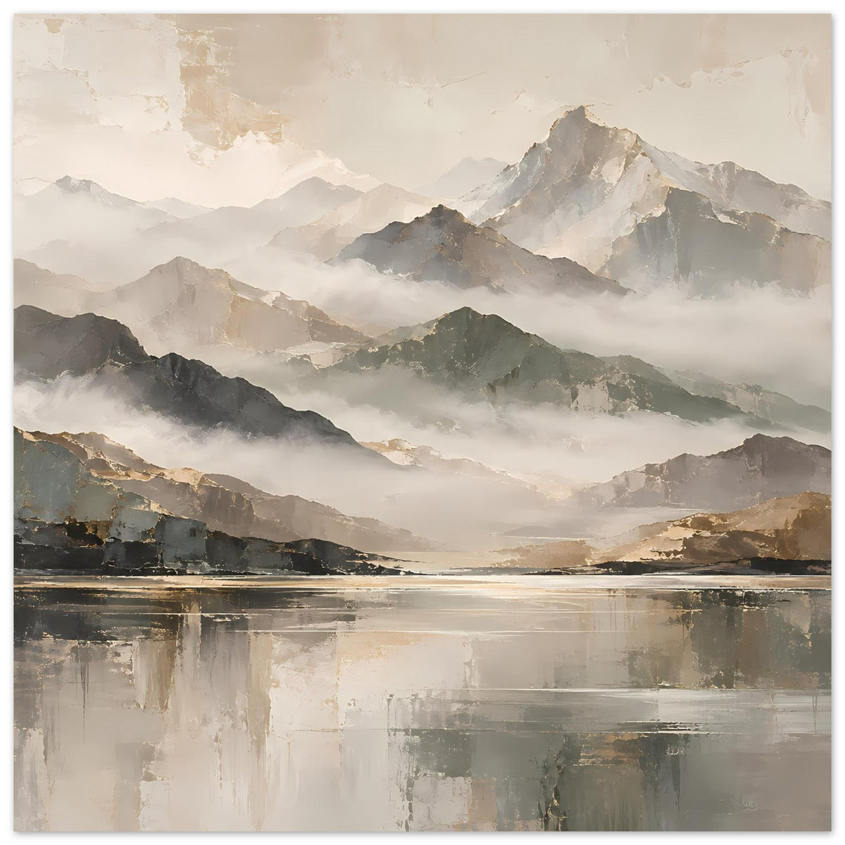Naturposter mit Bergkämmen, Nebelmeer und See-Spiegelung, beige-goldene Farbtöne