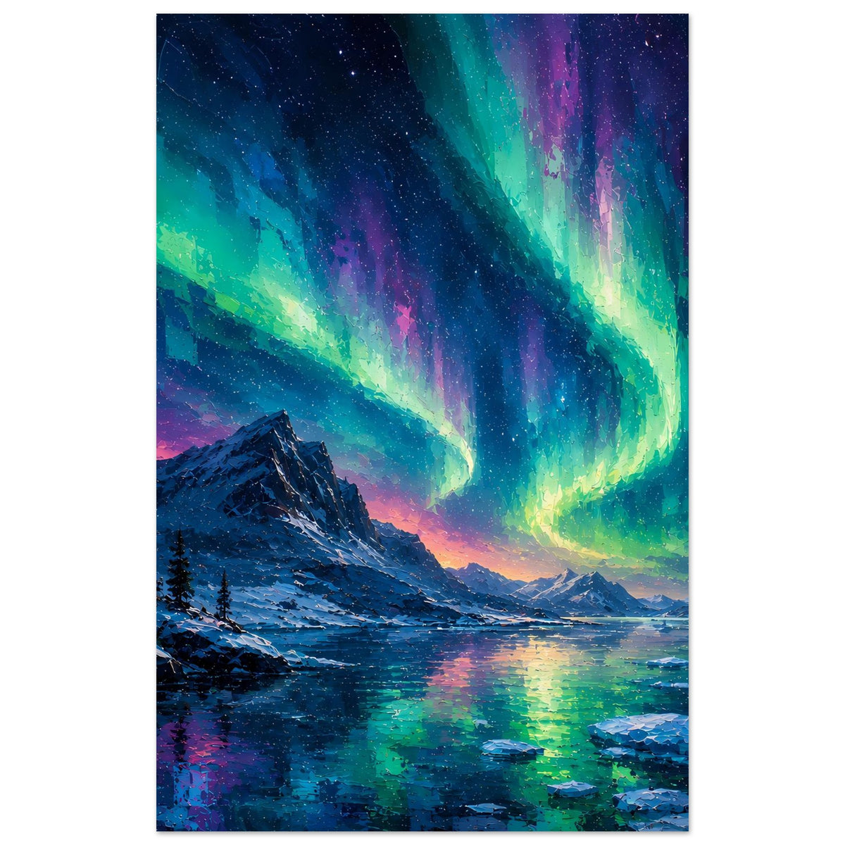 Hochformat-Poster: Nordlichter über verschneiter Landschaft mit Berg und Fluss