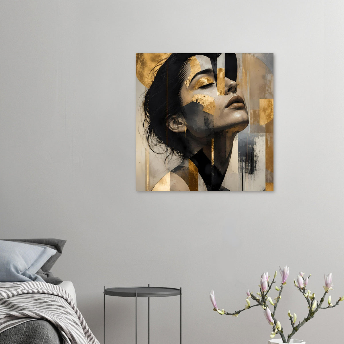 Abstraktes Frauenporträt-Poster mit goldenen Akzenten und dunklem Gesicht