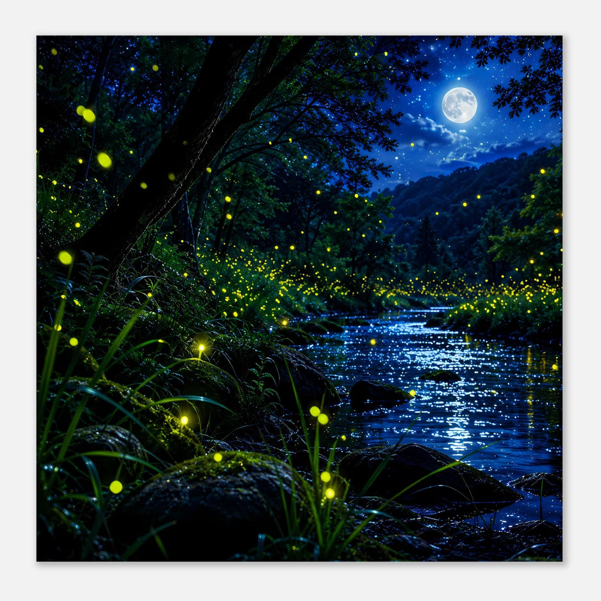 Poster mit Fluss und Bäumen im Mondlicht, glühende Punkte entlang des Ufers