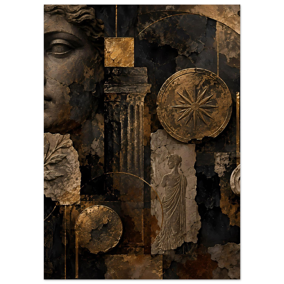 Wandposter mit antikem Porträtprofil, Bronzeglockenrad, Säulen und Statue in dunkler Farbpalette