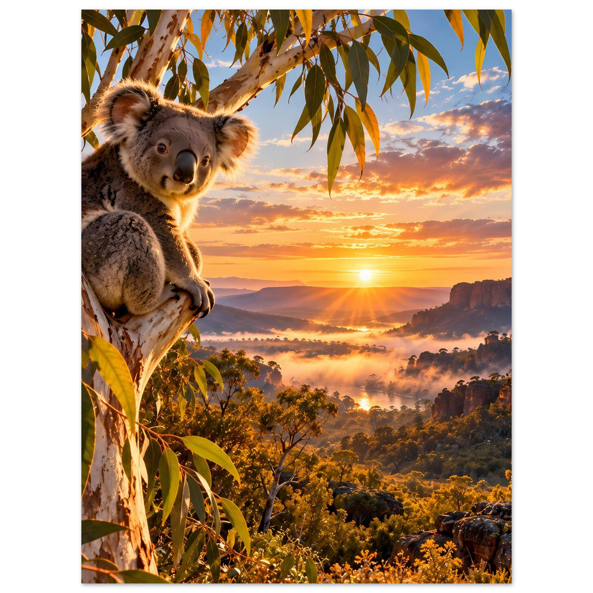 Koala-Poster im Hochformat: Nahsicht auf den Koala am Ast, Sonne im Abendhimmel, Landschaft