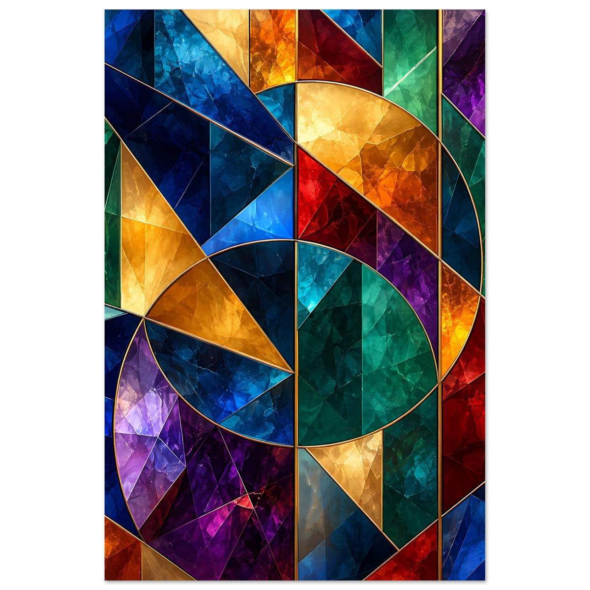 Geometrisches Glasfenster-Motivposter mit Kreisfenster und Rauten, Hochformat im Rahmen